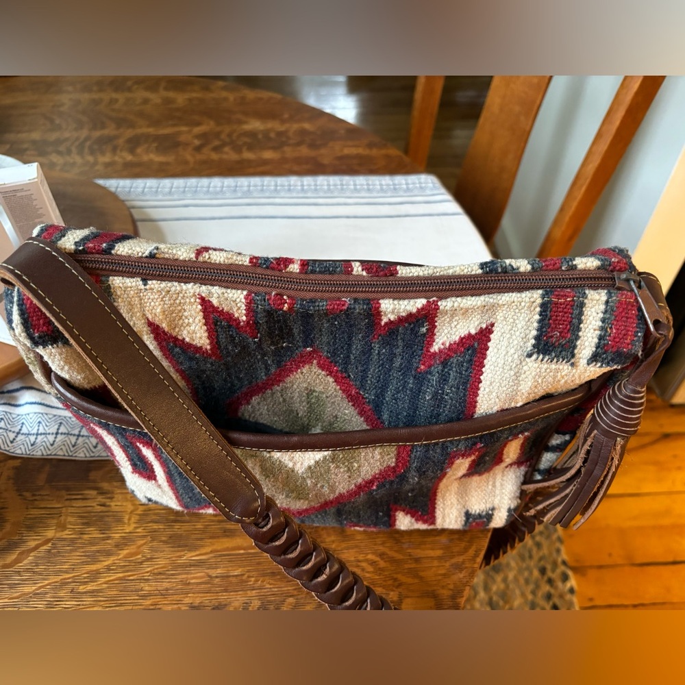 Kilim wool and leather crossbody shoulder bag, western Aztec vintage, pristine - Picture 3 of 6